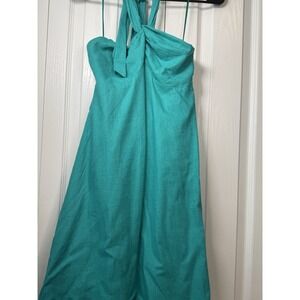 Bar III NWT Teal Linen Blend Halter Neck Twist Front Smocked Back Midi Dress XXS